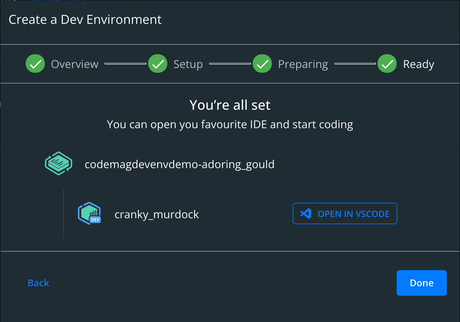 Figure 5: All ready and time to open the new dev environment in VS Code.