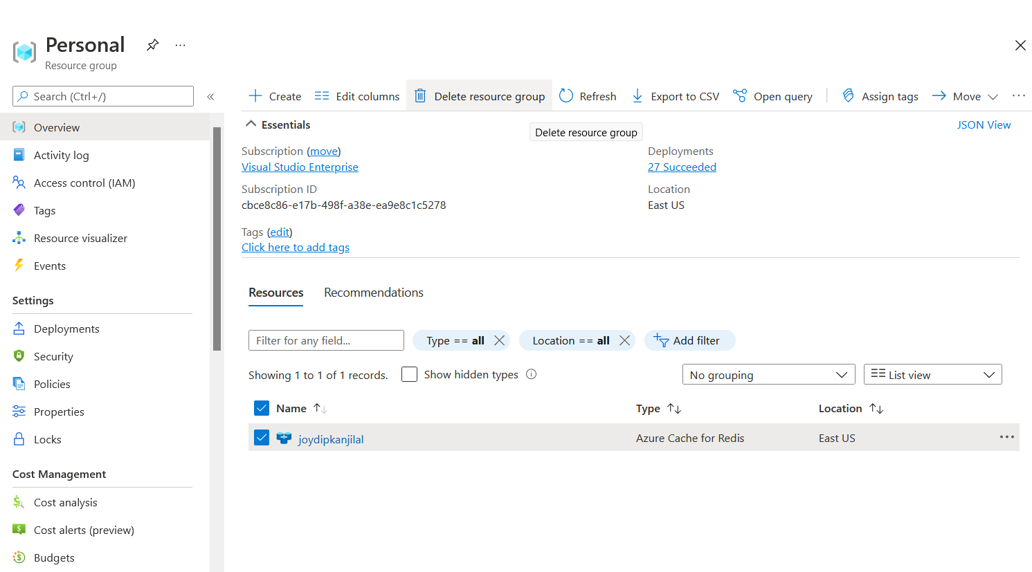 Figure 8: Delete the Resource Group associated with the Redis Cache resource in Azure.