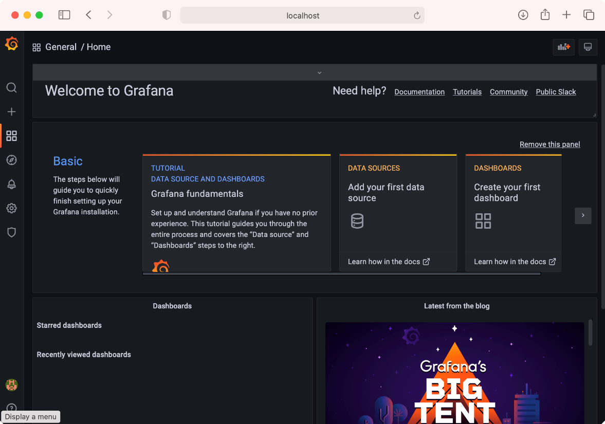 Figure 3: The home page of Grafana