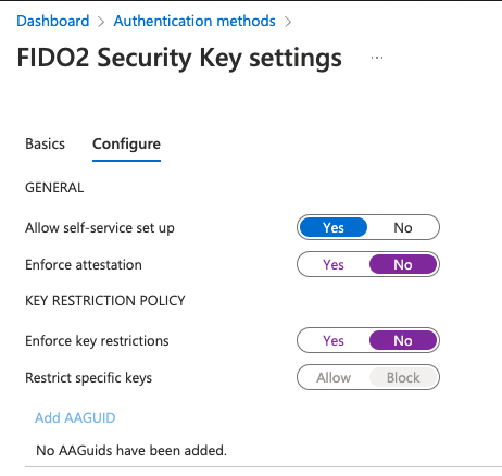 Figure 6: Configure FIDO2 settings at the tenant level.
