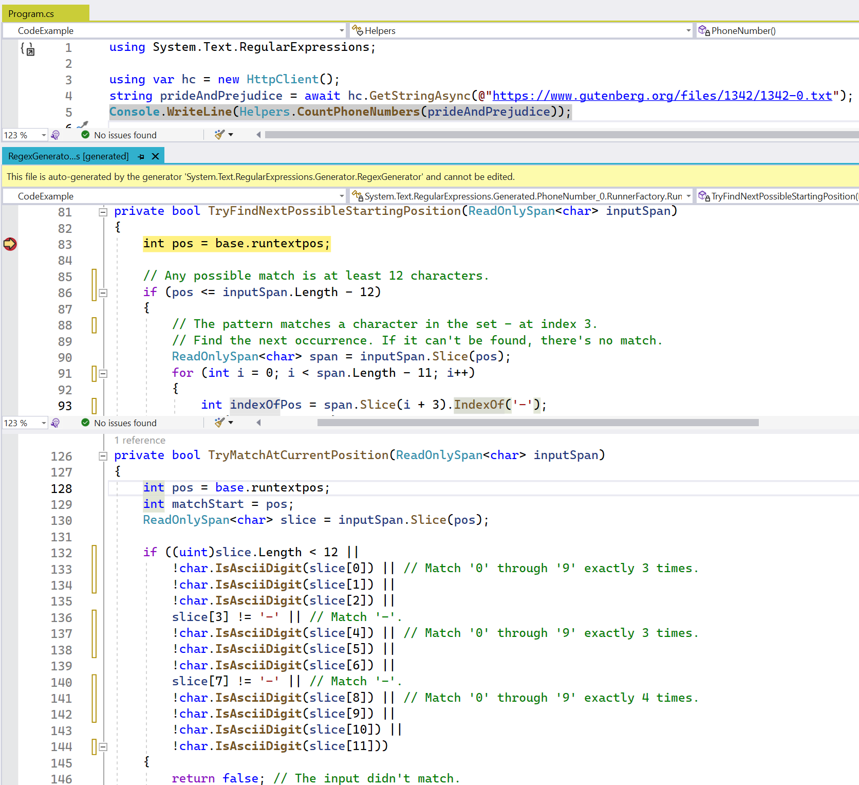 Figure 1: Stepping through C# code generated for a Regex