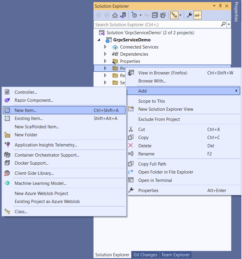 Figure 3: Add a New Item to the project in the Solution Explorer Window 