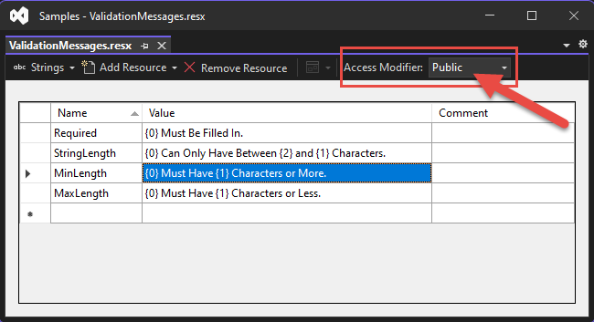 Figure 12: Change the Access Modifier on the resources file to Public to ensure that you can use the messages.