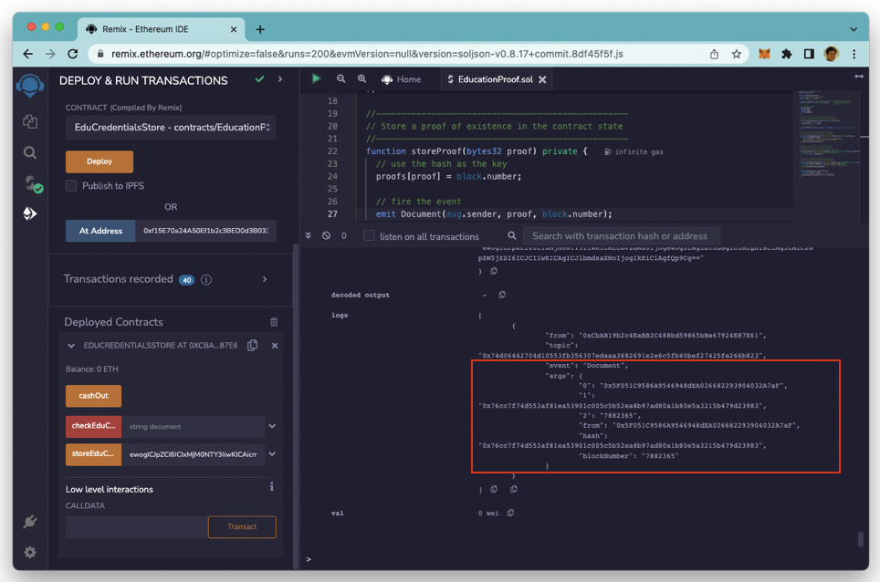 Figure 19: You can use Remix IDE to examine the events fired by smart contracts.
