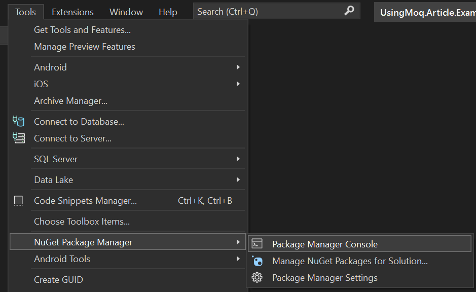 Figure 1: Navigate to NuGet Package Manager, open the Tools menu, and then open the NuGet Package Manager option followed by Package Manager Console.