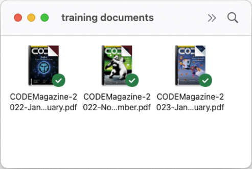 Figure 16: Populating the training documents folder with three PDFs