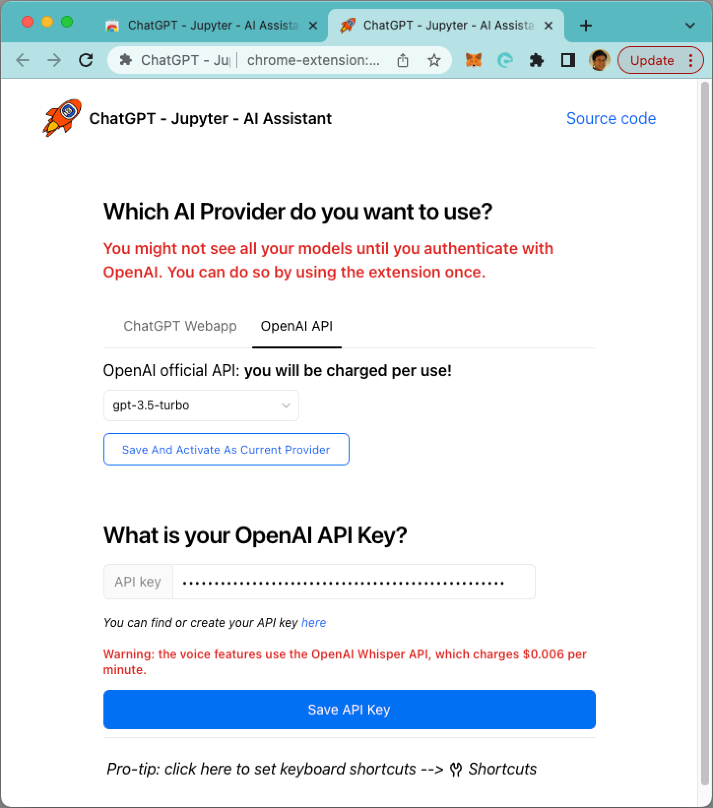 Figure 20: Adding the OpenAI API key to the ChatGPT extension