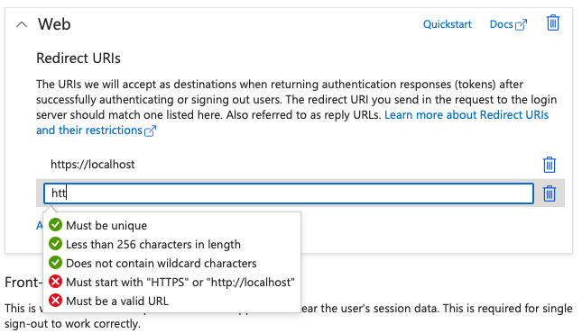 Figure 1: Azure Active Directory redirect URI limitations