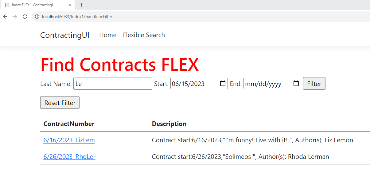 Figure 5: Flexible search filtered on Last Name and Start Date