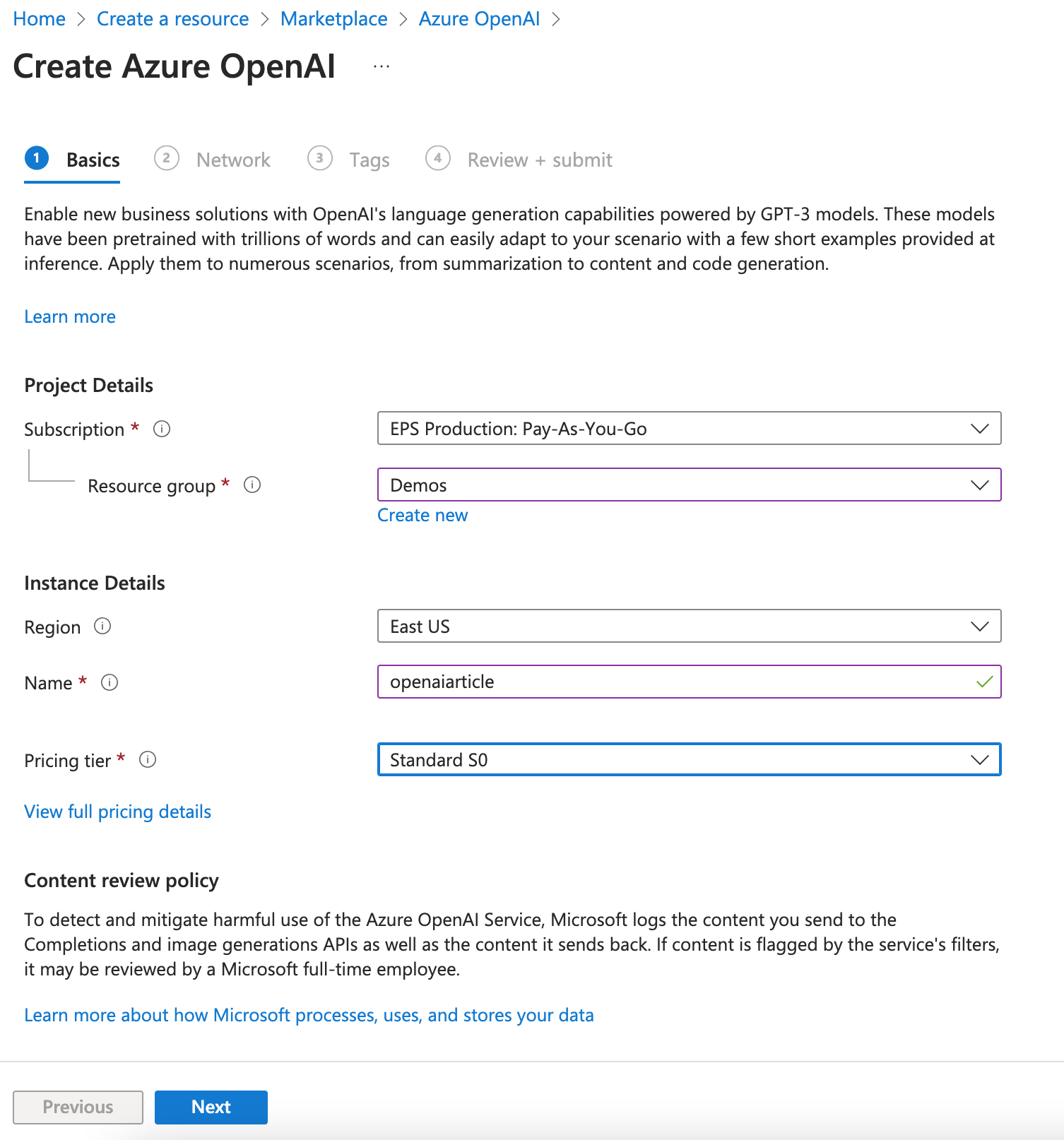 Figure 1: Creating an Azure OpenAI resource is very similar to creating many other Azure services.