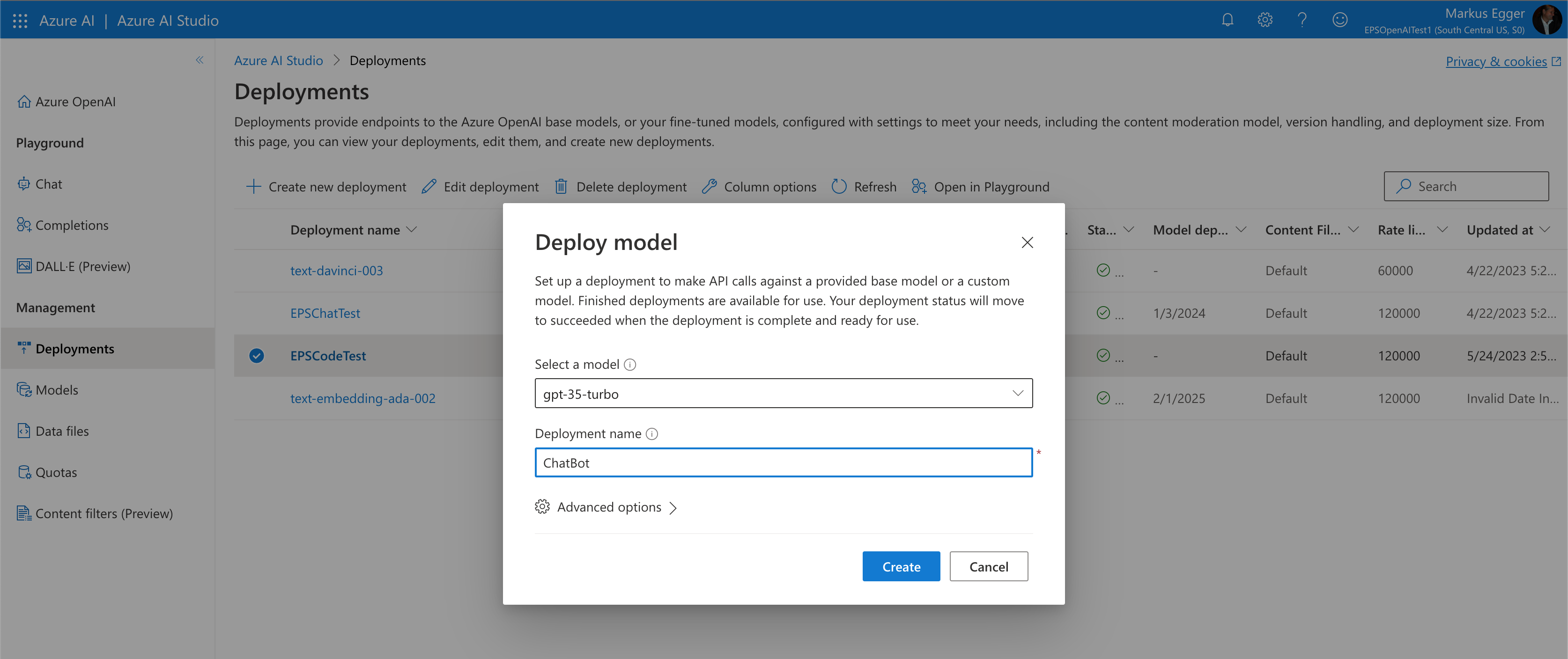 Figure 2: Creating a new model deployment in Azure OpenAI Studio.