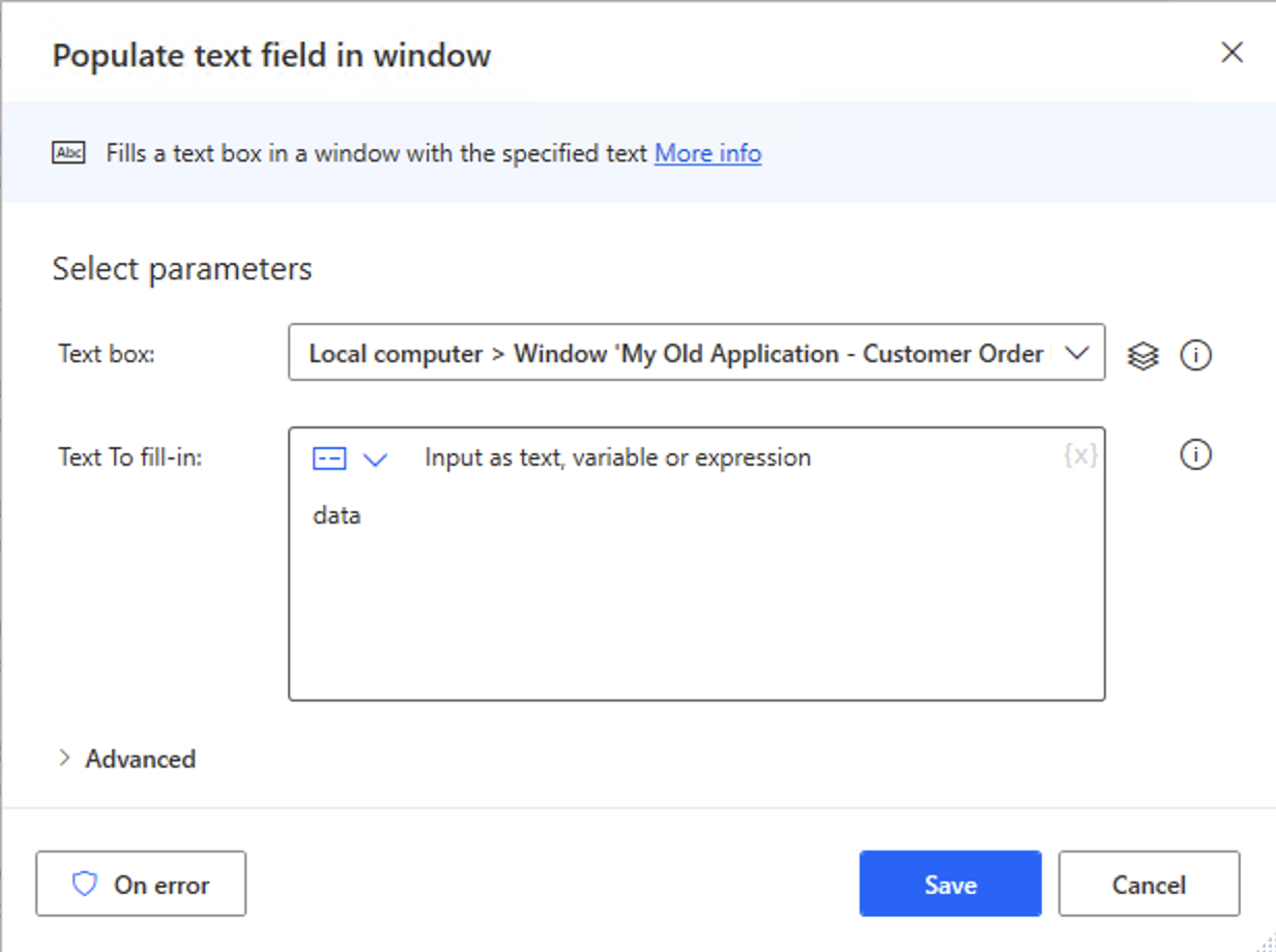 Figure 23: Populate a text box on the Customer Order Request windows with the word data.