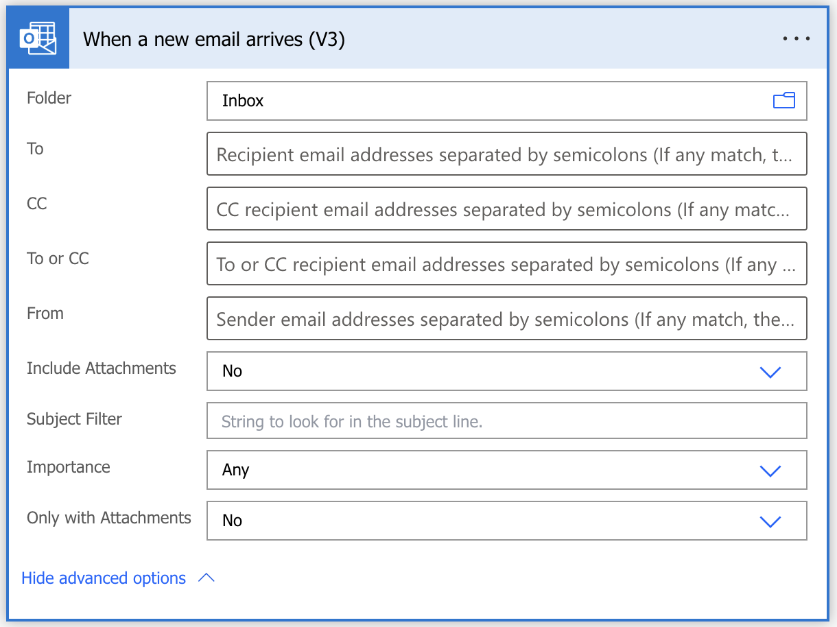 Figure 6: Trigger to start flow when a new email arrives