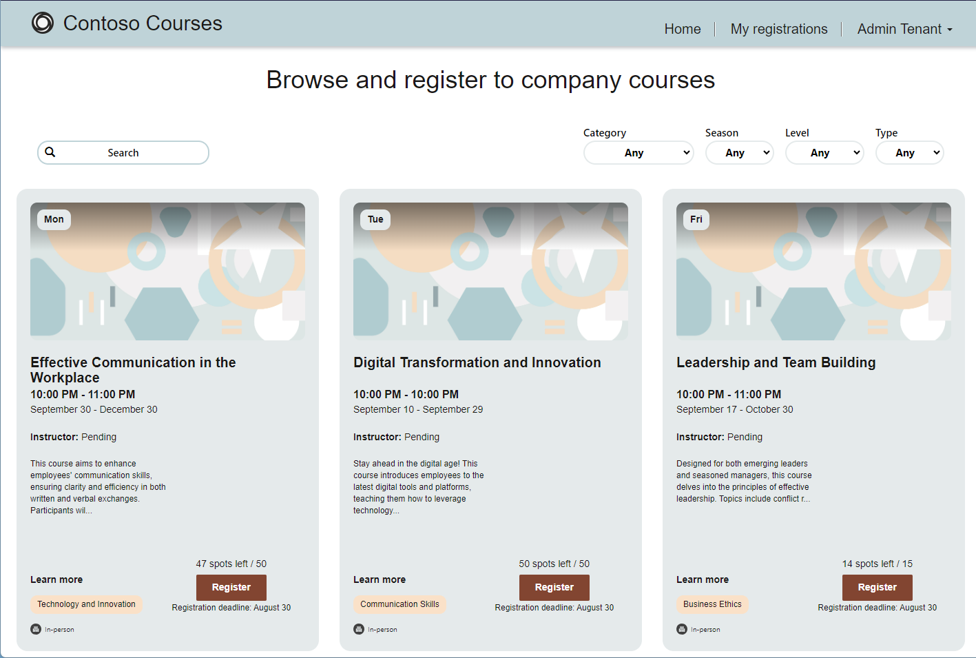 Figure 1: A typical page providing a searchable list of courses with registration option generated with Power Pages