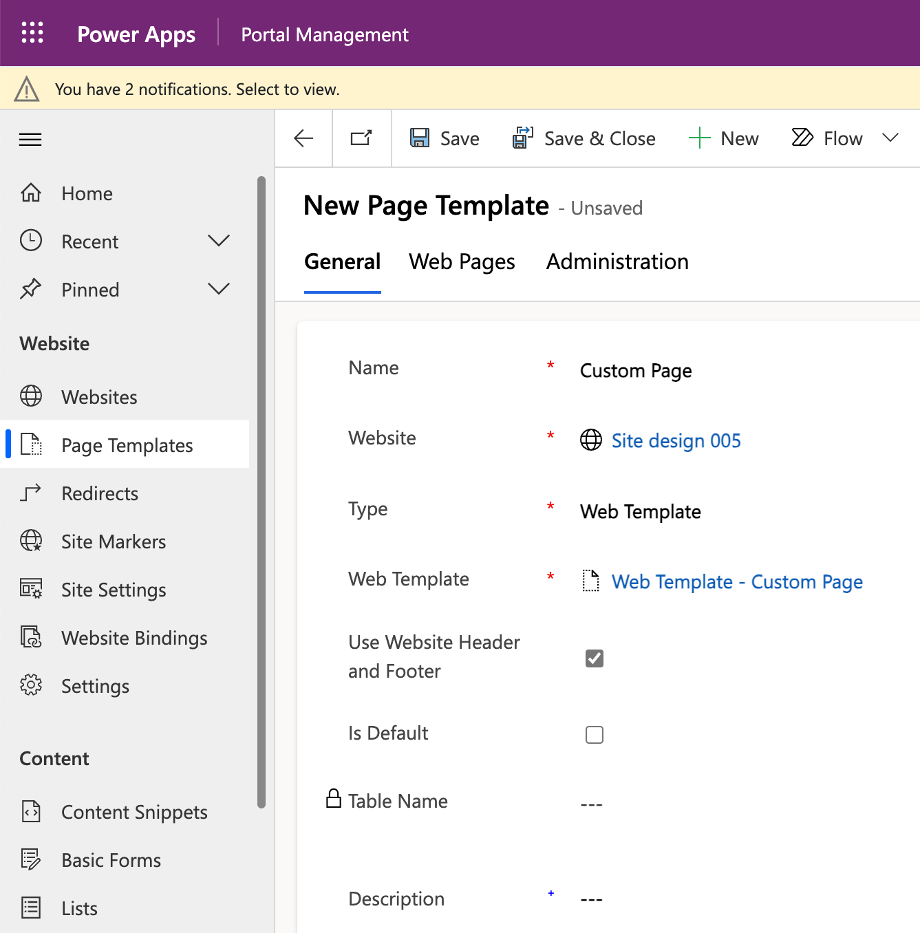 Figure 9: Create a page template in the Portal Management app