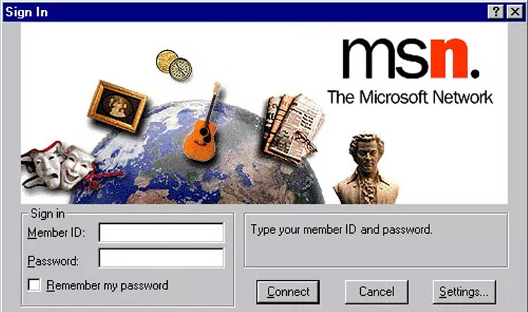 Figure 5: The login screen to Microsoft's ill-fated competitor to the entire internet was called “The Microsoft Network.” The name survives as MSN, which is now one of many web sites.