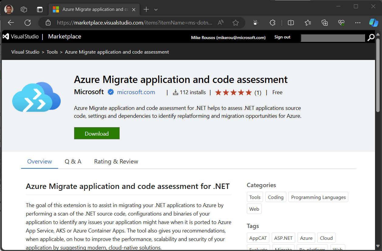 Figure 1: Azure Migrate application and code assessment extension download page