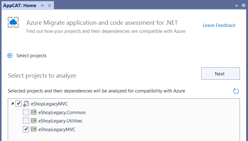 Figure 3: Selecting projects to be analyzed for Azure migration readiness