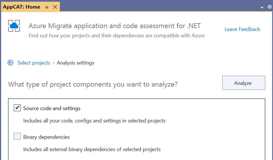 Figure 4: Choosing whether to analyze source code or binaries