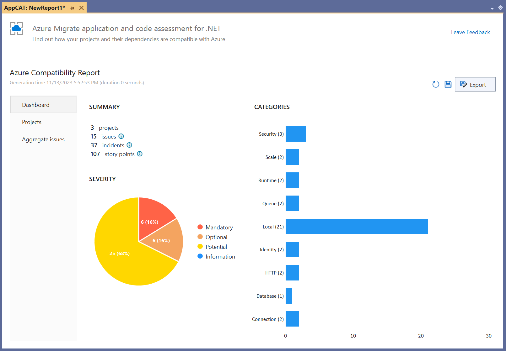 Figure 5: The Azure Migrate application and code assessment report dashboard