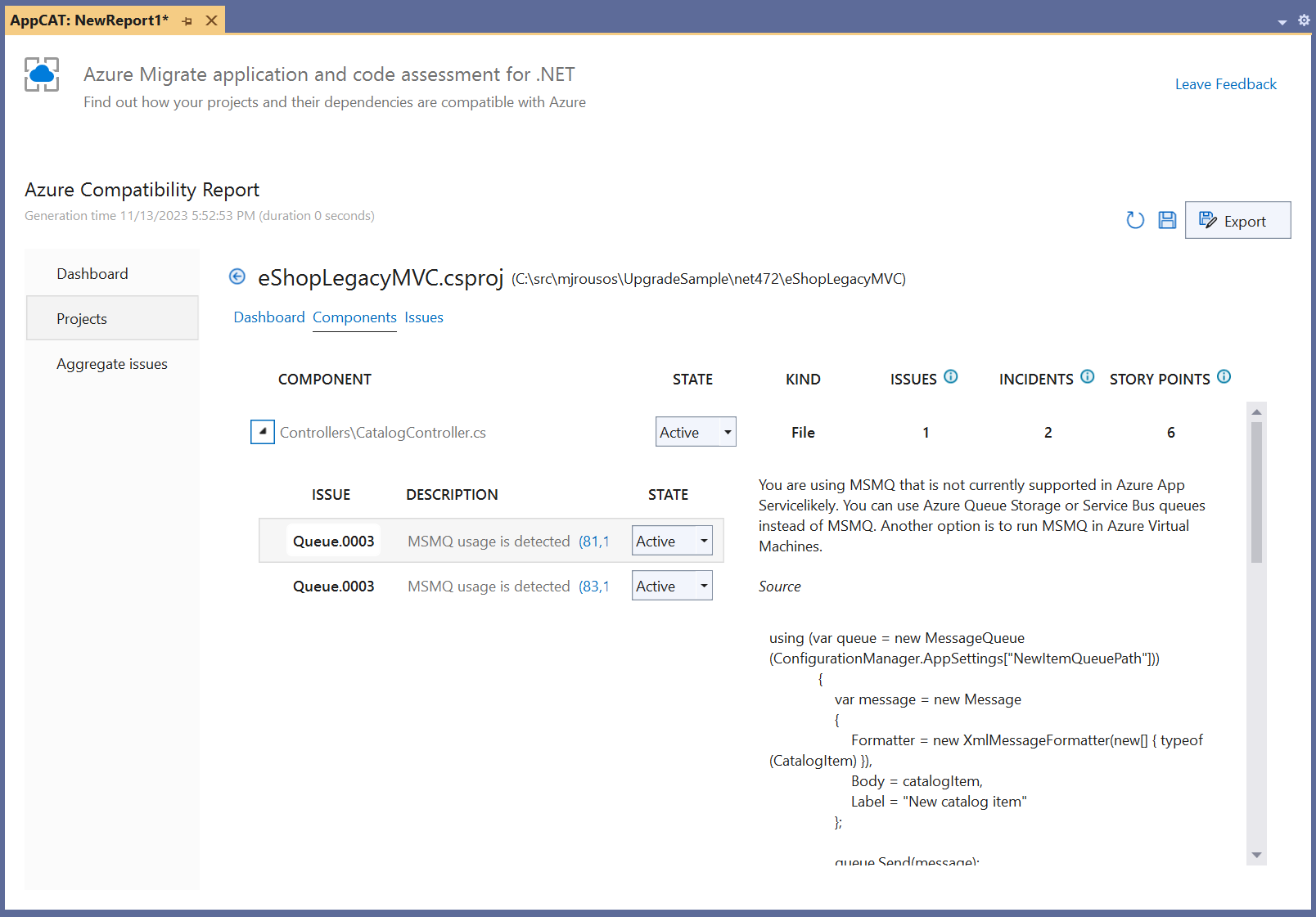 Figure 6: Azure Migrate application and code assessment issue details